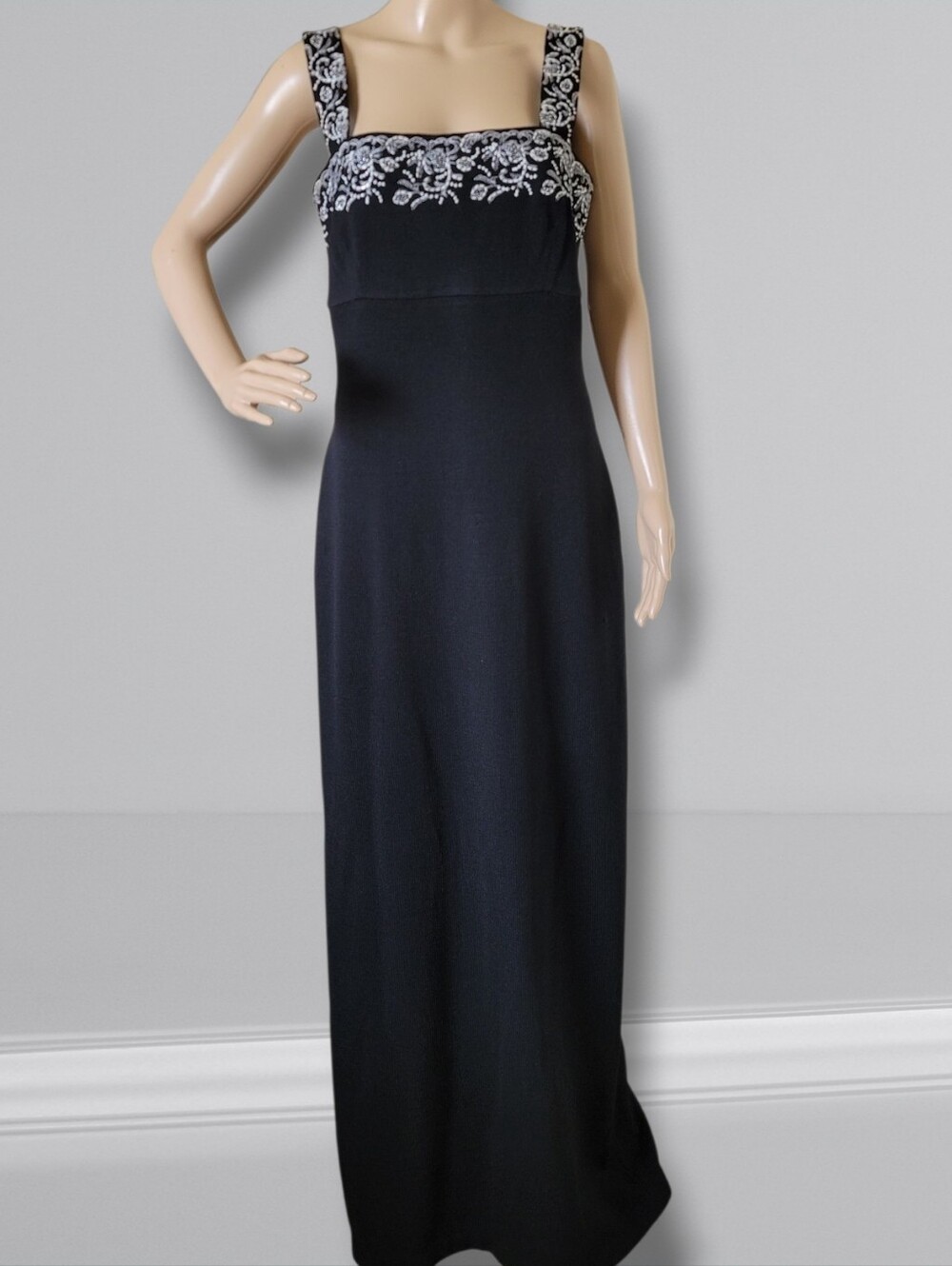 St. John Santana Knit Embroidered Embellished Gown Square Neck 10 Empire Waist